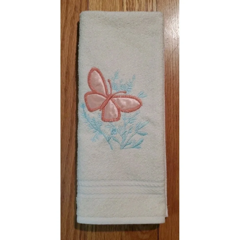 Vintage RA Briggs Cotton Hand Towel Beige Butterfly Embroidered